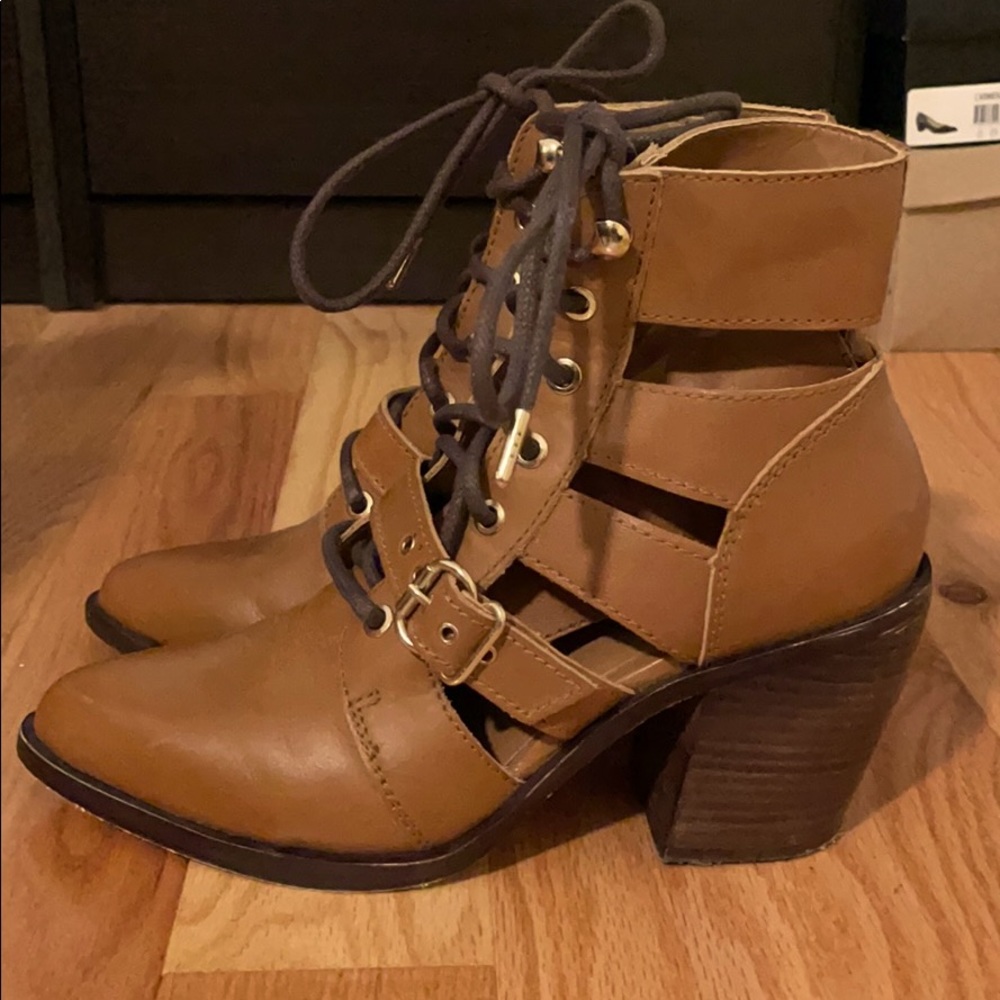 Tan leather lace up boots gold hardware
